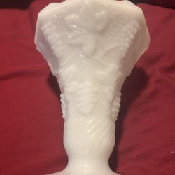 Vintage White Milk Glass? Vase 6.25" tall Grape Vine Pattern. Chip On Bottom Of Base. 