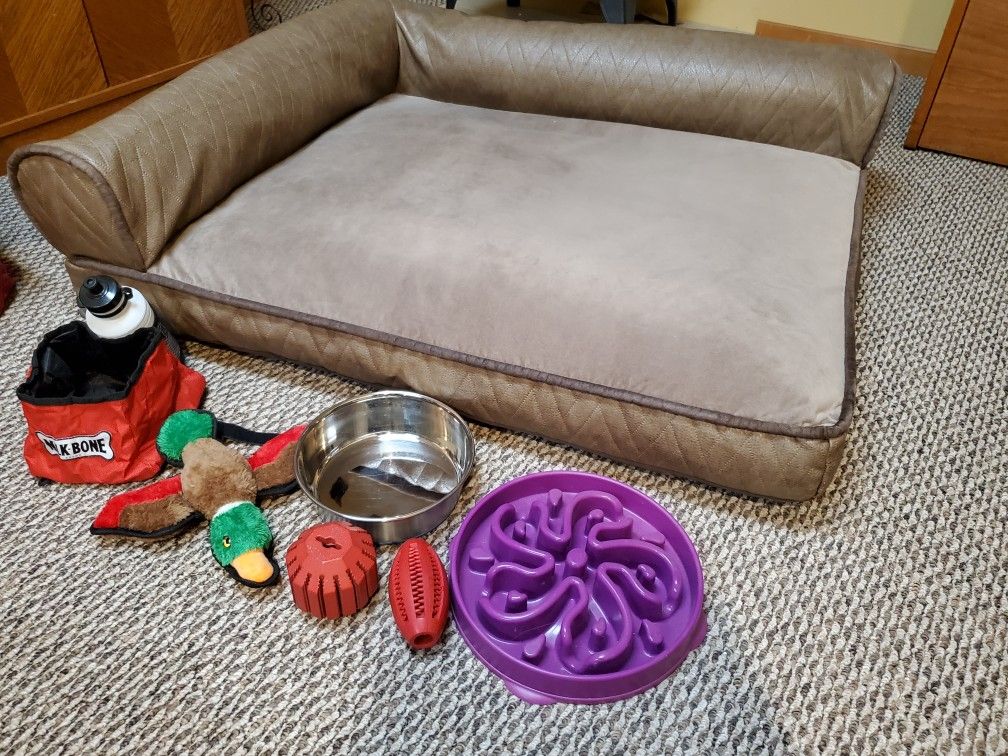 Kirkland Dog Bed 36" x 42" Plus Toys And Bowls