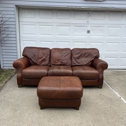 Real Leather Brown Couch With Ottoman - Free Delivery