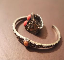 Boho Silver Cuff Bracelet and Ring Set