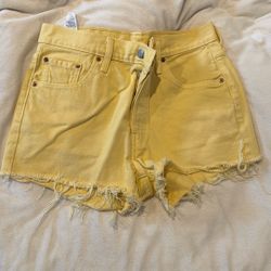 Yellow High-Waisted Distressed Denim Shorts