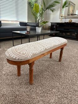 Upholstered Wooden Bench with Floral Heart Pattern