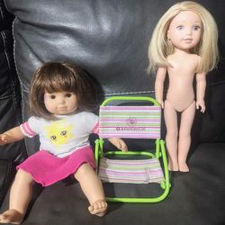 2 American Girl Dolls Blonde & Brunette W/ Chair