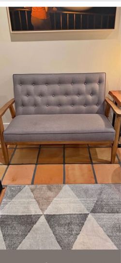 Small mid century modern settee grey upholstered with walnut frame great condition was in a guest room rarely used sturdy well made