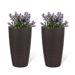 Set of 2 Faux Rattan Tall Planters Outdoor Indoor Large Planters with Water Level Monitor Inner Bucket, Automatic Watering, Flower Plant Pots for Gard