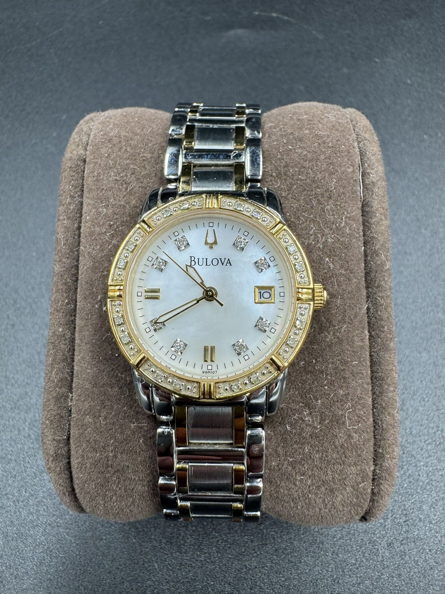 Bulova Watch Women 26mm Silver Gold Tone 98R107 MOP Diamond with New Battery VG