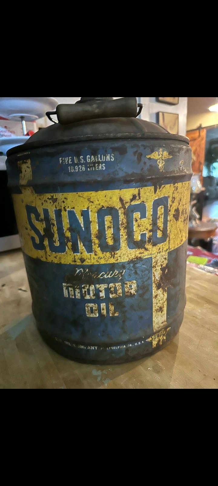 Original 50's Factory 5 Gallon Sunoco Gas Can With Caps