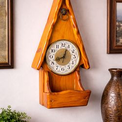 Rustic Wooden Cabin-Style Wall Clock w/ Shelf – Junghans Quartz Germany – 25” Tall