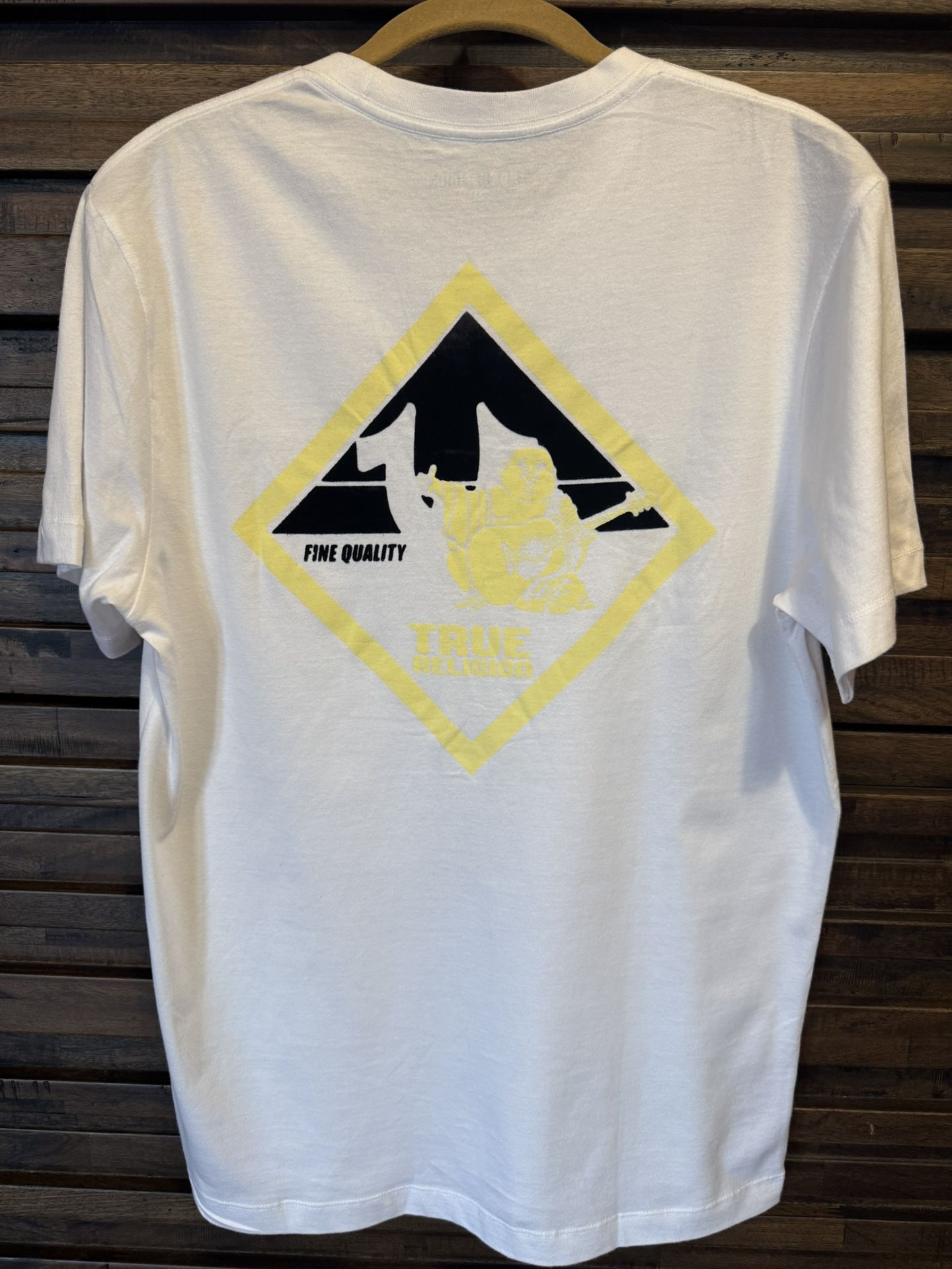 True Religion Buddha White Yellow Flocked Fuzzy Graphic T Shirt MED