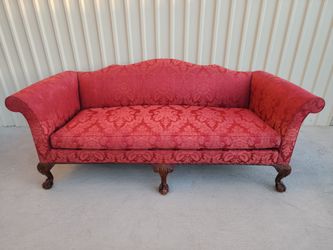 Vintage Red Damask Upholstered Sofa Couch With Carved Wood Claw Feet Traditional Accent Seating
