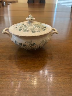 Vintage Green Floral Transferware Lidded Sugar Bowl & Matching Pitcher Set
