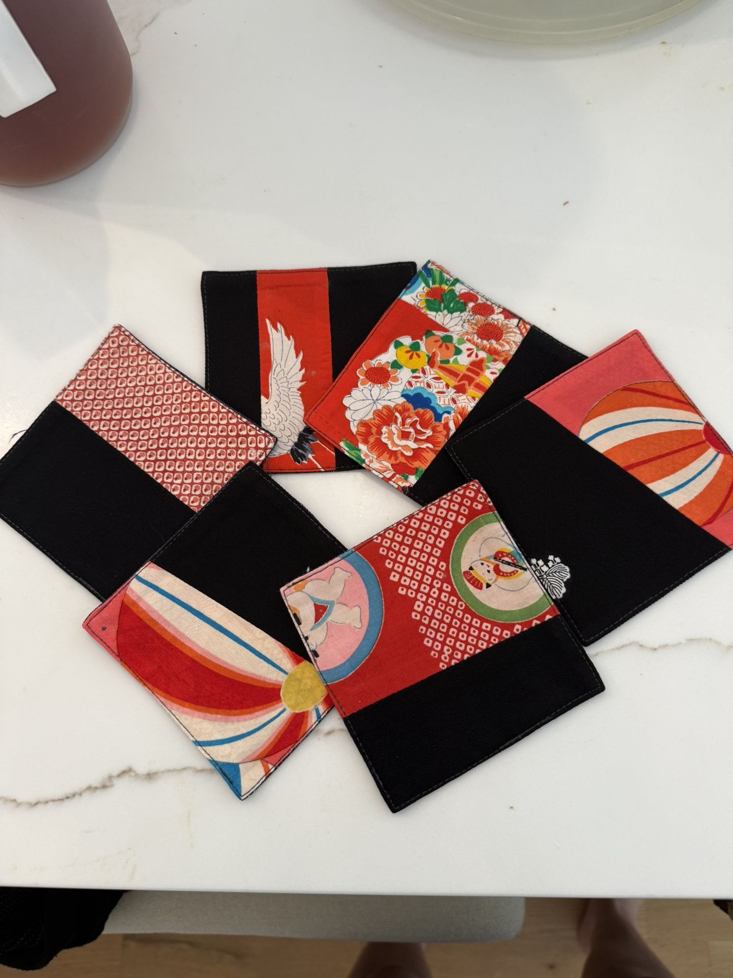 handmade Kimono fabric Patterned Coasters Set 6