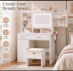 Vanity Desk with Mirror and Lights, Makeup Vanity Table with Stool, Hidden Shelves J-30