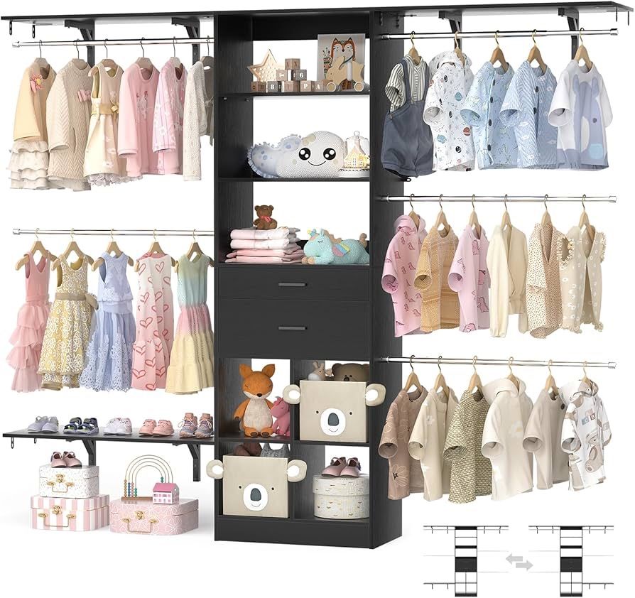 Closet Organizer - 4.75-8FT Wooden Drawer & Cube Storage, Up To 96" Closet System with Cuttable Shelvings, Black Color Black Material Engin