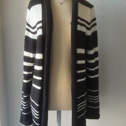 Liz Claiborne Striped Wool Blend Cardigan Black White Long Sleeve Women Sweater