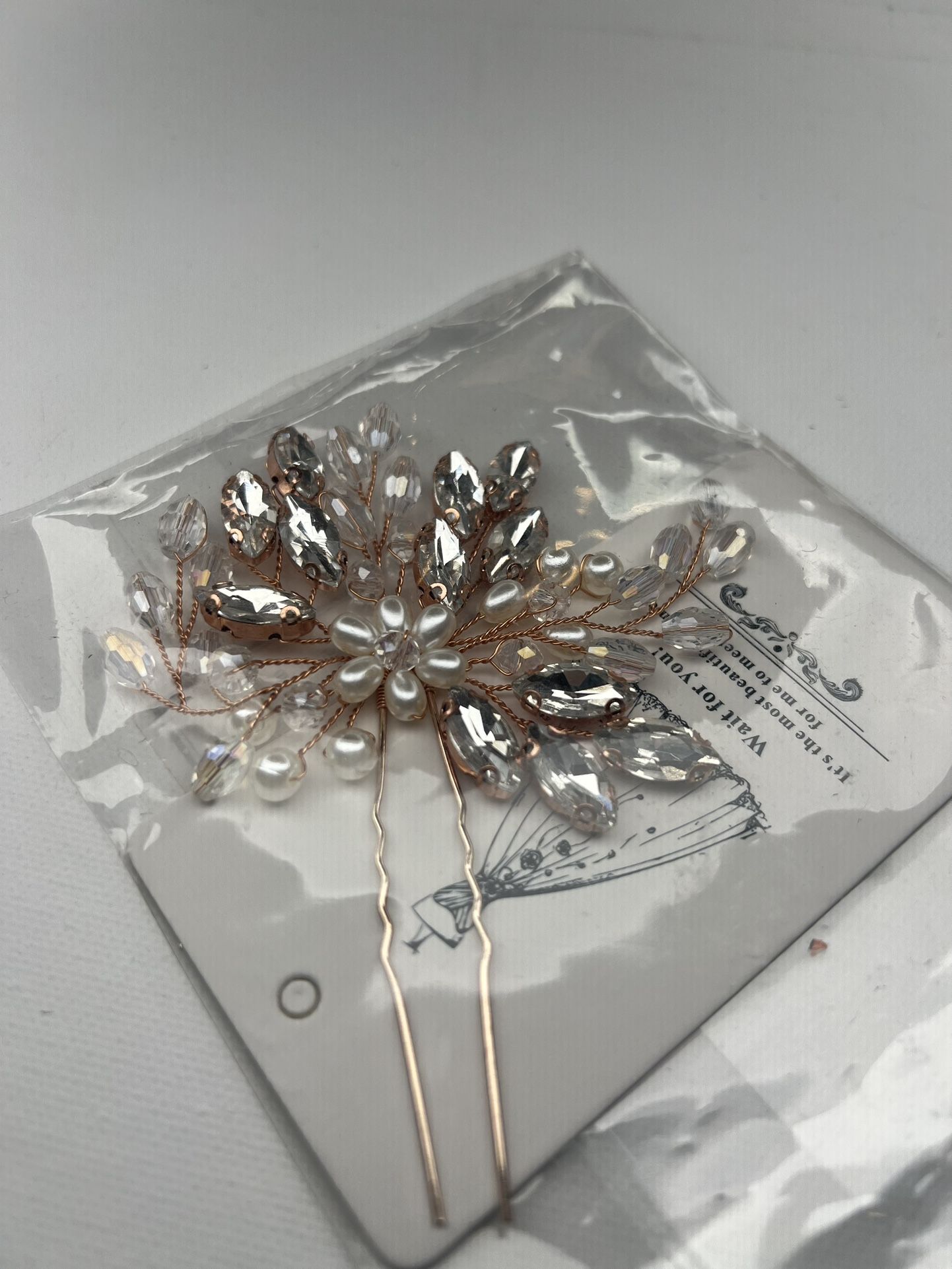 rose gold rhinestone and pearl floral bridal hair pin 