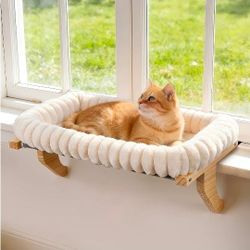 Wooden window sill cat perch