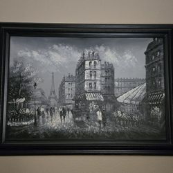 Framed, Old Paris France Street with People Passerby Eiffel Tower, Hand Painted Oil Painting B/W