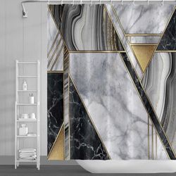 Black Grey Triangle Rectangle Pattern Waterproof Fabric Geometrical Shower Curtain for Bathroom Plaid Gray Gold Marble Curtain with Hooks 48x72 inches