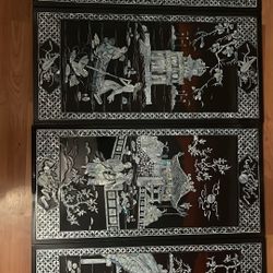 vintage Asian four-panel lacquer wall Mother of Pearl Panels Art