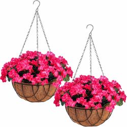 Lyrow 2 Pack Artificial Hanging Flowers in Basket Fake Porch Plants Artificial Hydrangea Arrangement in 12 Inch Coconut Lining Hanging Basket Flower f