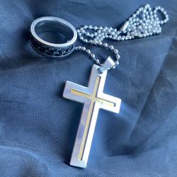Cross Pendant Necklace Silver Gold Tone Stainless Steel Chain & Anxiety Ring