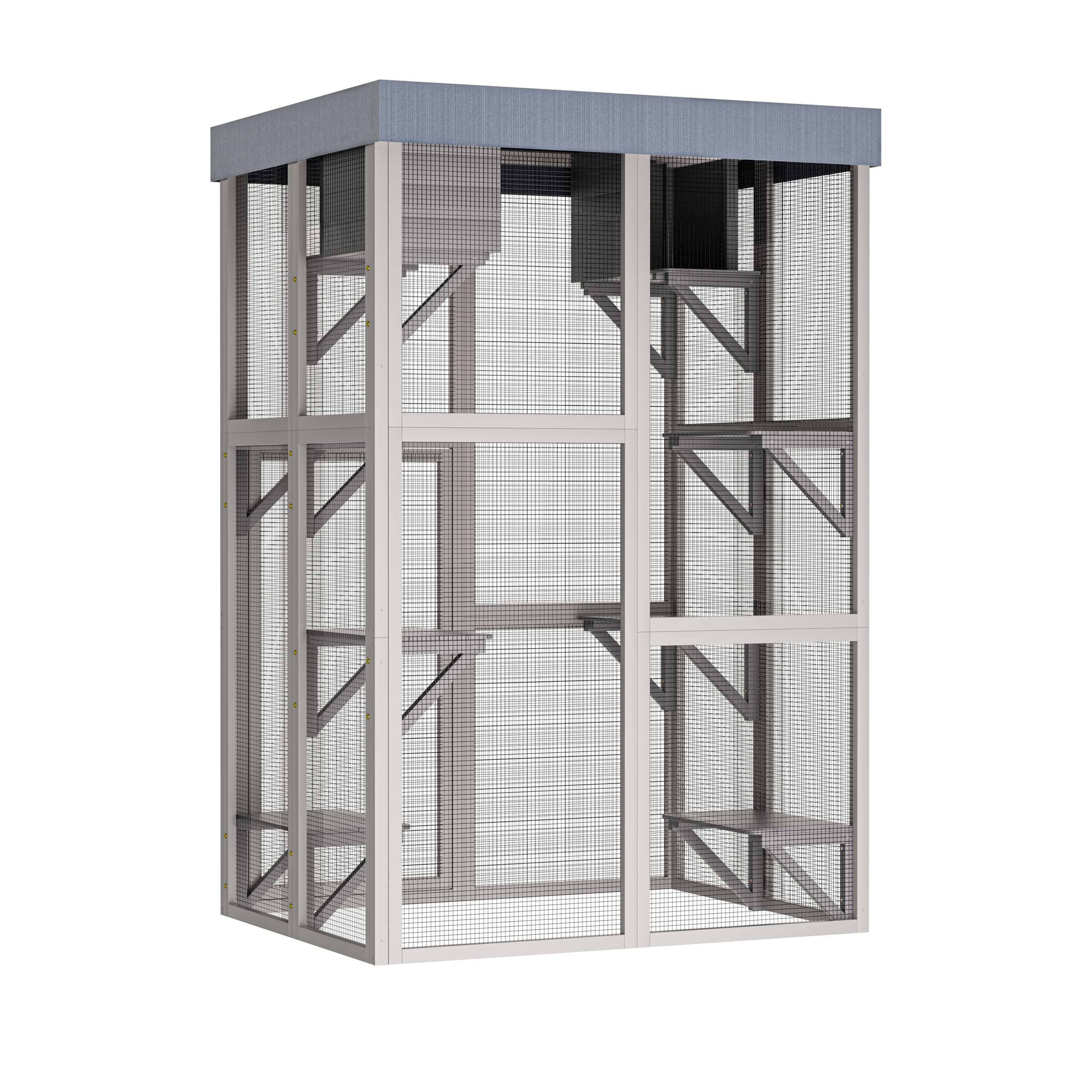 70.5＂ Tall Wooden Catio Outdoor Cat Enclosure, Gray Cat House Large Solid Wood Cage Playpen with 6 Jumping Platforms & 2 Napping Houses, Movable tarp 