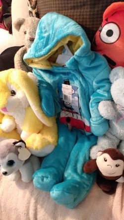 Baby bundle blue sleepers 3-6 months new lot of stuffies bears bunnys and more