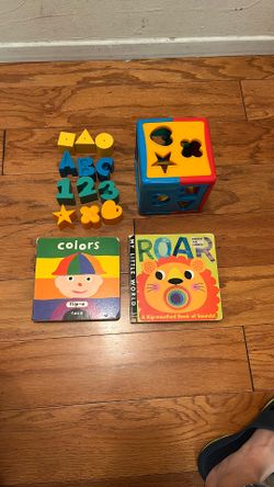 Battat Baby Blocks Shape Color Recognition Toys With Colorful Sorter Cube Box + 2 Baby Books Colors And My Little World Roar