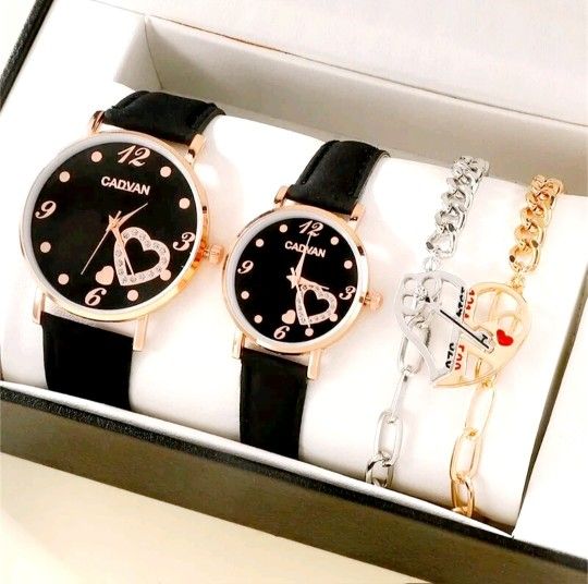 #5) New 4Pcs Men’s & Women's Luxury Fashion Black Leather Watches/2 Bracelets. No Box Included. Introducing a luxurious set of black leather watches a