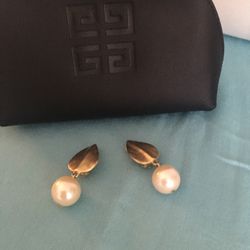 Givenchy Vintage Earrings Leaf Gold Tone and Pearl Drop And Black Cosmetic Bag 
