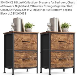 SONGMICS BELLAH Nightstands - Set of 2, Rustic Brown & Black 2-Drawer