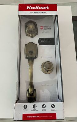 New- Kwikset Belleview Front Door Lock Handle and Deadbolt Set, Entry Handleset Exterior with Interior Door Knob, Antique Brass.