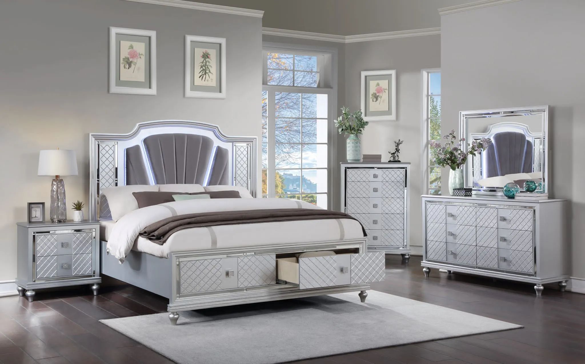 Shine in Style: Mirrored Bedroom Set with LED Accents – Just $50 Down!