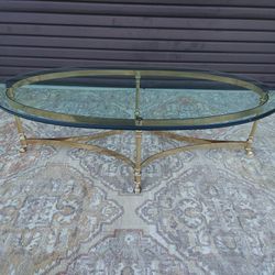 Vintage Hollywood Regency Brass Oval Coffee Table ( La Barge ) Glass Top.