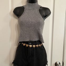 Grey Halter Ribbed Dressy Top M/L