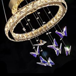 D 18" LED Gold Crystal Butterfly Chandelier, Dimmble LED Light Fixtures with Remote, Gold Modern Round Ring Crystal Chandeliers, for Dining Room, Kitc