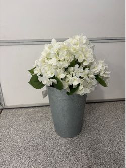 Faux White Flowers in Tall Silver Bucket