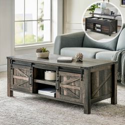 48" Farmhouse Lift Top Coffee Table with Sliding Barn Door,Rustic Center Table with Hidden Storage Compartment