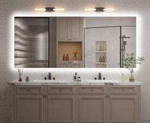 KIOTEE 96 in. W x 36 in. H Rectangular Frameless Super Bright Back Lited LED AntiFog Tempered Glass Wall Bathroom Vanity Mirror