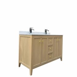 54 in. Solid Wood Double Sink Freestanding Oak Bath Vanity with White Cultured Marble Top and Backsplash