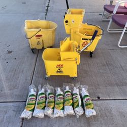Three Mop Buckets Plus 7 Cotton Deck Mops