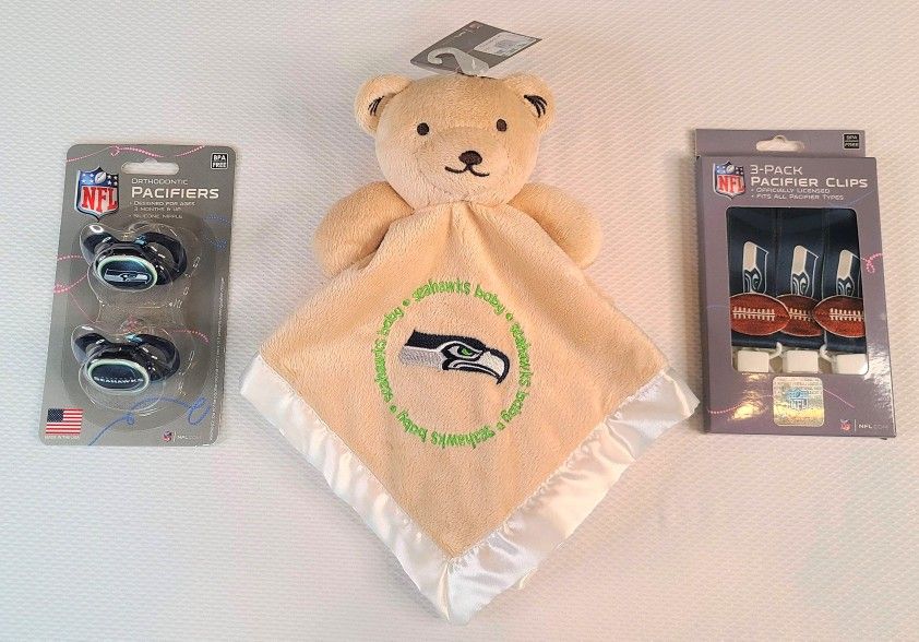 Seahawks Baby Pacifier, Bear Blanket, Pacifier Clips