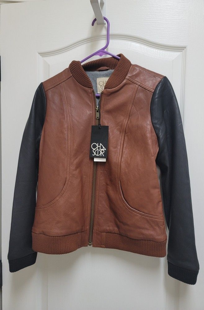 Chaser Blocked 100% Leather Bomber Jacket, Small, NWT