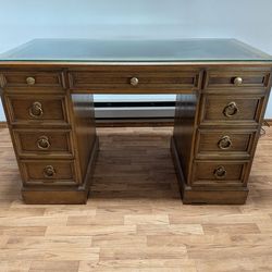 Vintage Sligh Leather-top Executive Desk tempered glass top