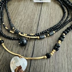 Black Layered Necklace with Heart Pendant 