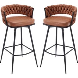 BV Bar Height Bar Stools Set of 2, 30 inch Seat Height Bar Stools, 180° Swivel Barstools with Woven Back and Footrest, Suede Fabric Counter Stools for