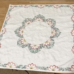 vintage handmade tablecloth square 33” X 31. floral embroidered mcm retro.Pretty