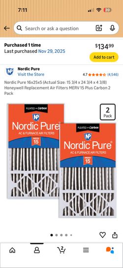 Nordic Pure 16x25x5 (Actual Size: 15 3/4 x 24 3/4 x 4 3/8) Honeywell Replacement Air Filters MERV 15 Plus Carbon 2 Pack