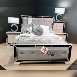 4pc queen bedroom set includes queen bed frame, dresser , mirror and one nightstand ( mattress sold extra / chest not included) 